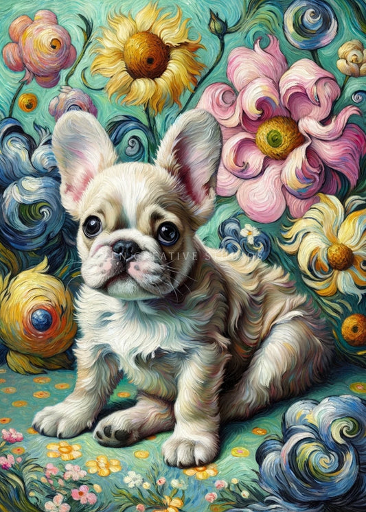 Fluffy French Bulldog Puppy Frenchie Dog Art Print Van Gogh | Design FB07